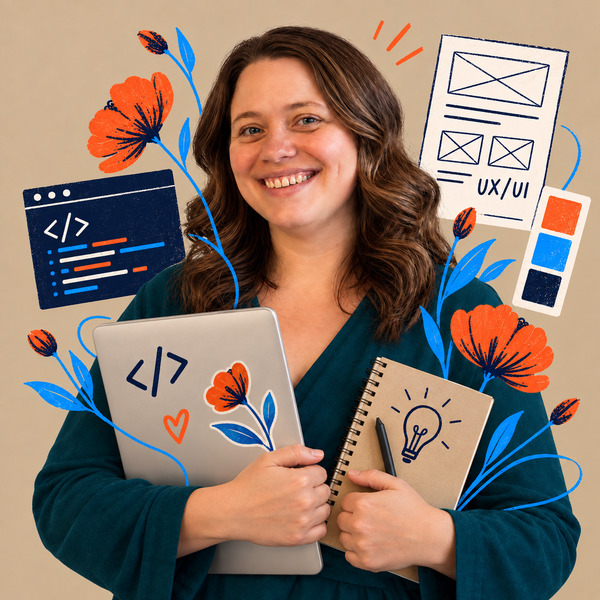 Kateryna med computer og skitsebog, omgivet af illustrationer af kode og UX/UI